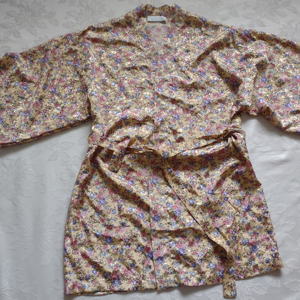 Vintage Garden floral satin jacquard belted kimono robe duster vintage